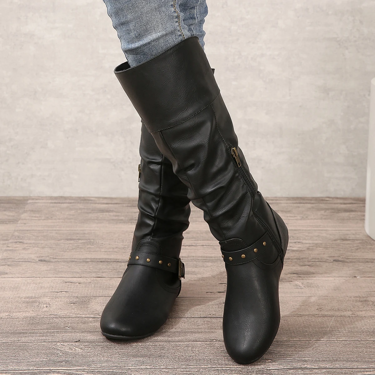 Botas de cuero de caballero Vintage para mujer, estilo vaquero occidental europeo americano con puños de otoño e invierno, hebillas de cinturón, punta redonda