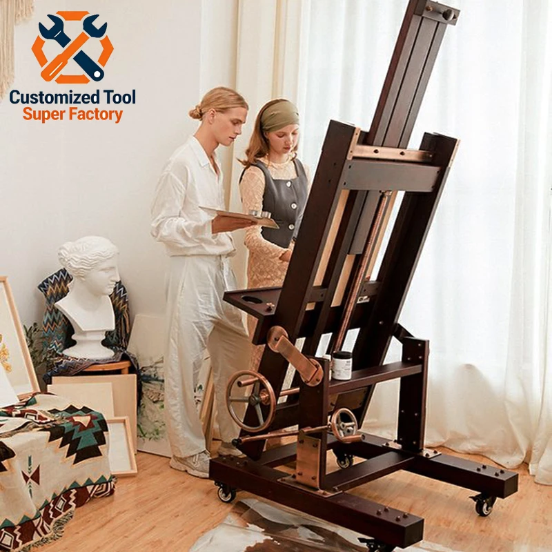 Beech Hand-cranked Jumbo Large Painting Easel Wood Display Easel Canvas Board Adjustable Flat Stand Dual-use