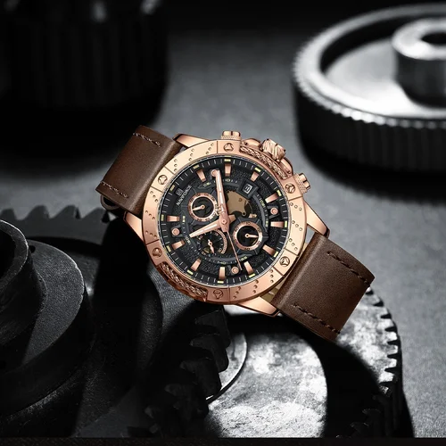 Imagen 2 del producto Marca NAVIFORCE, reloj de lujo Original para hombre, correa de cuero, cronógrafo deportivo, reloj de pulsera de cuarzo, reloj calendario luminoso resistente al agua