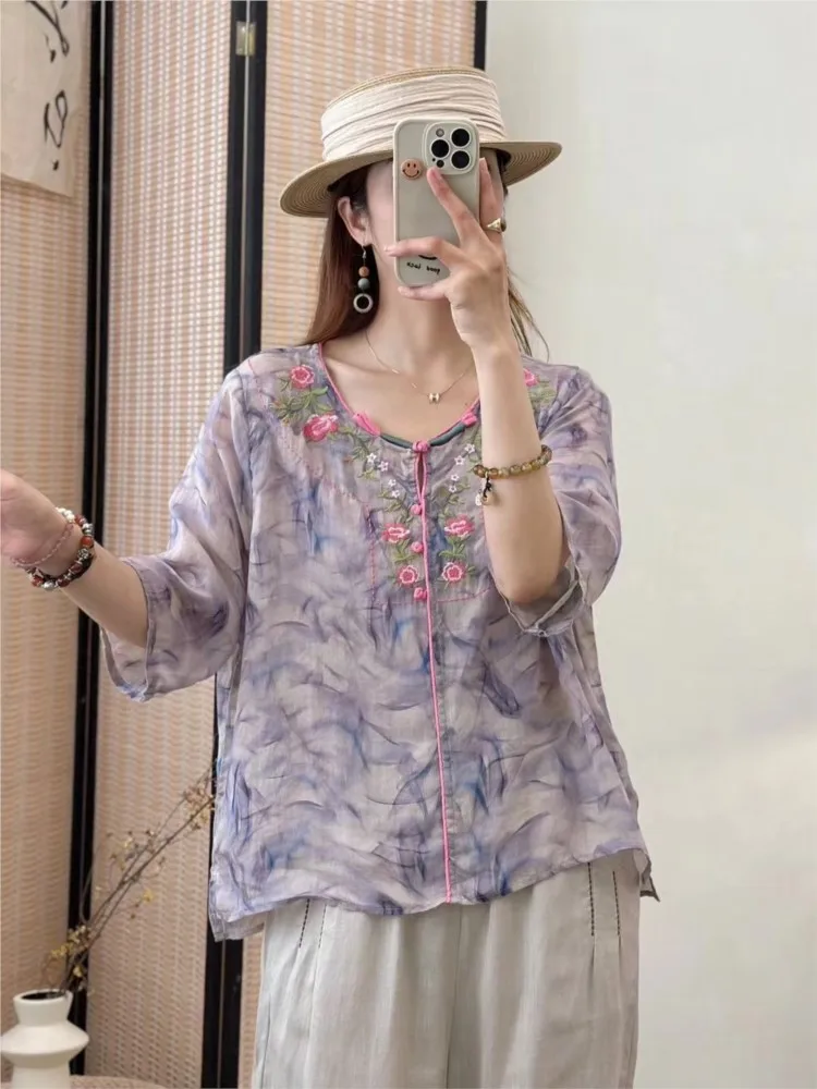 Oversized Summer Flower Embroidery Pullover Tops Women Fashion Floral Print Ladies Blouses Short Sleeve Loose Pleated Woman Tops