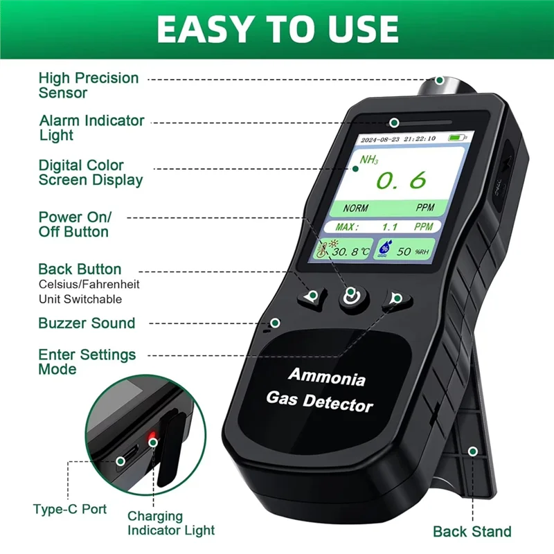 

ABSS-Portable Ammonia Gas Detector,0-200 PPM Rechargeable Ammonia Gas Monitor,Digital Air Quality NH3 Gas Meter US Plug