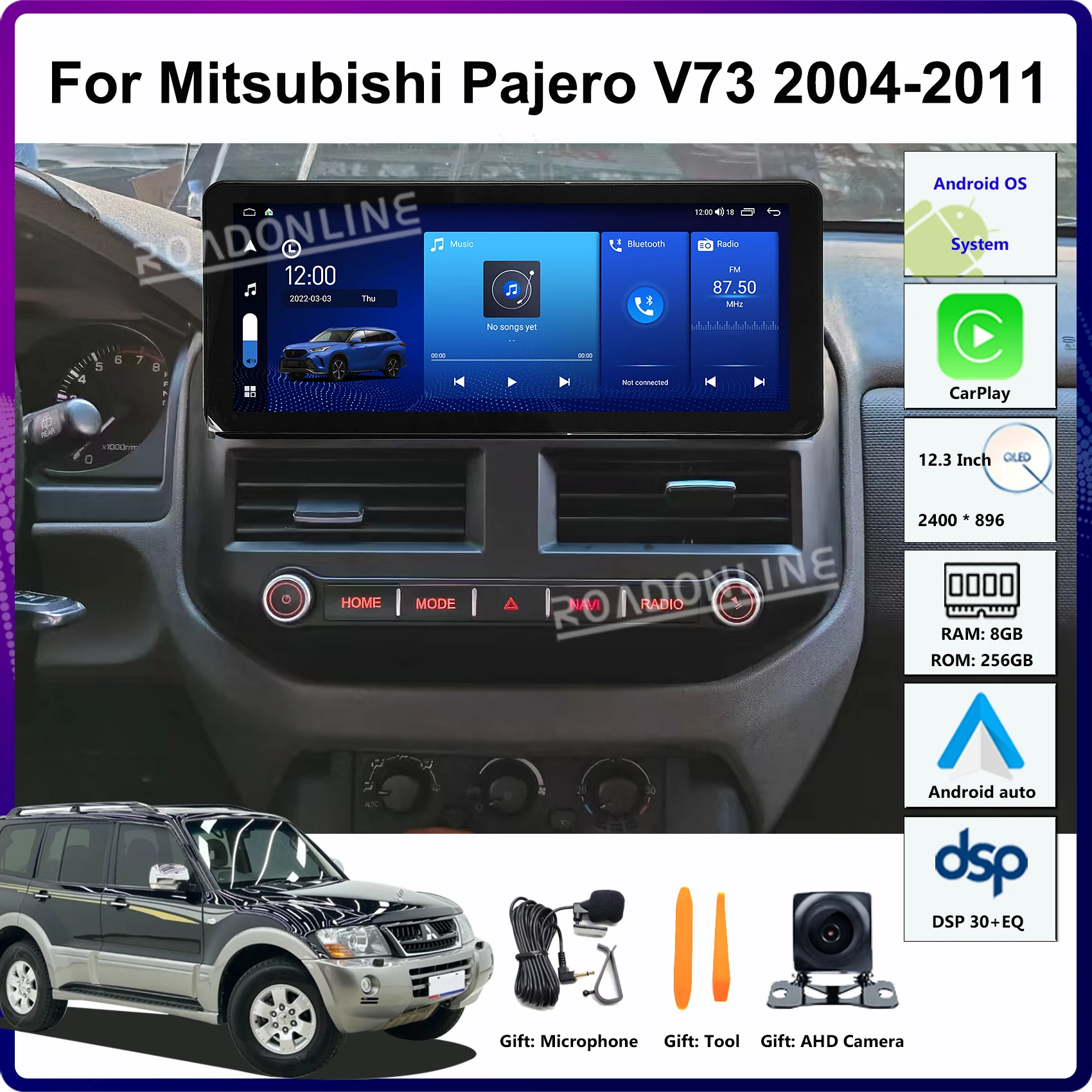 12.3 Inch For Mitsubishi Pajero V73 2004-2011 8-Core 8+256GB Car Multimedia Player GPS Head Unit Stereo Receiver Radio CarPlay