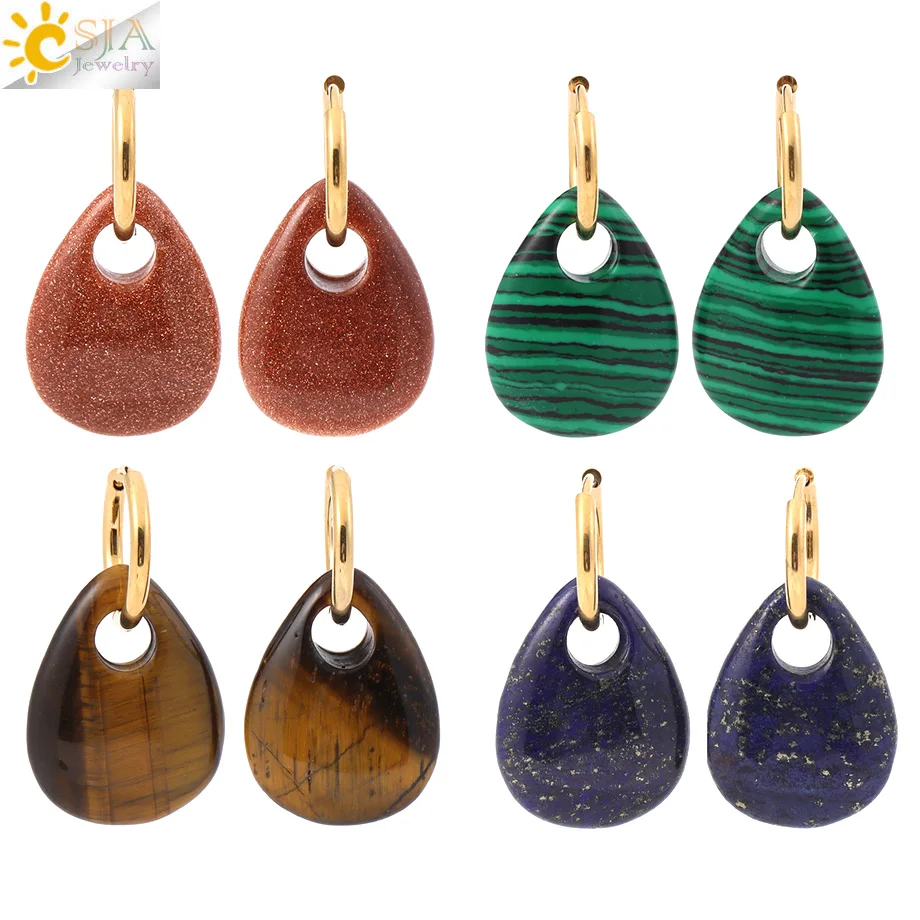 CSJA-pendientes colgantes de gota de agua para mujer, aretes de acero inoxidable, piedra Natural, cuarzo rosa, amatista, joyería, regalos H729