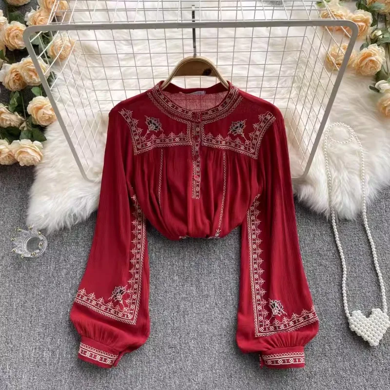 

Fashion All Match Blouses O Neck Puff Sleeve Embroidery Spring Autumn Design Shirts Vintage Casual Loose 2025 Women's Clothing