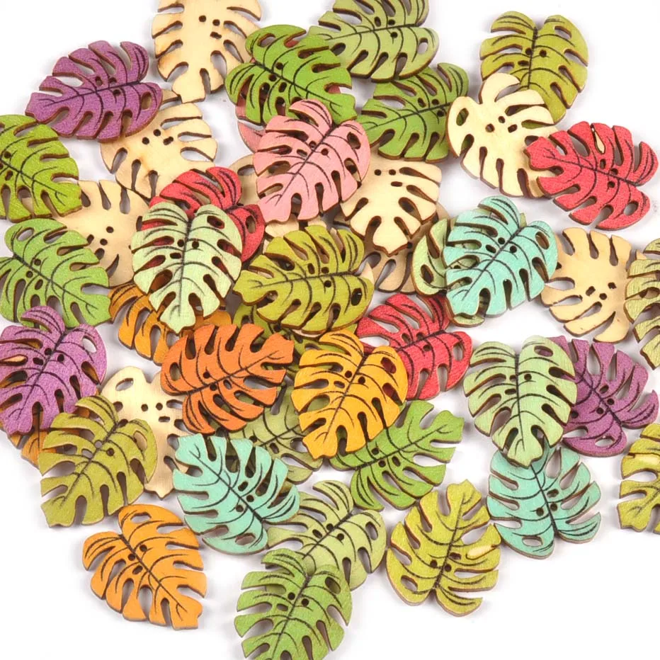 50Pcs Mixed Color Banana Leaf Flatback Wooden Buttons For Sewing Accessories Handmade Crafts DIY Scrapbook Clothes Home Decor