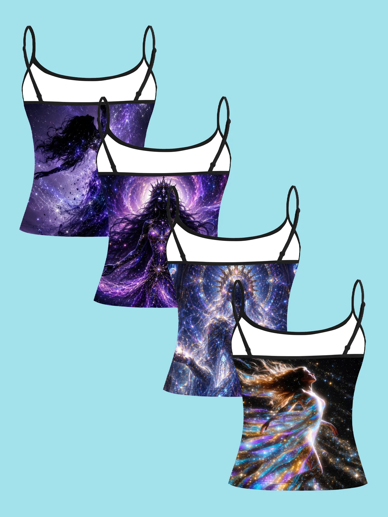 4-Piece Set of Women's Camisoles with Galaxy Star Goddess Silhouette Print, Dreamy Purple-Toned Universe Theme, Thin Straps, Slim-Fit Inner Tops