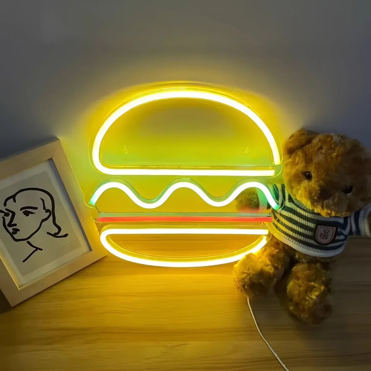 Hamburger LED Neon Lights Ornament Restaurant Decor, Lamp Adornment Lamp Indoor Shop Sign Cheeseburger Modeling Lamp Night Light