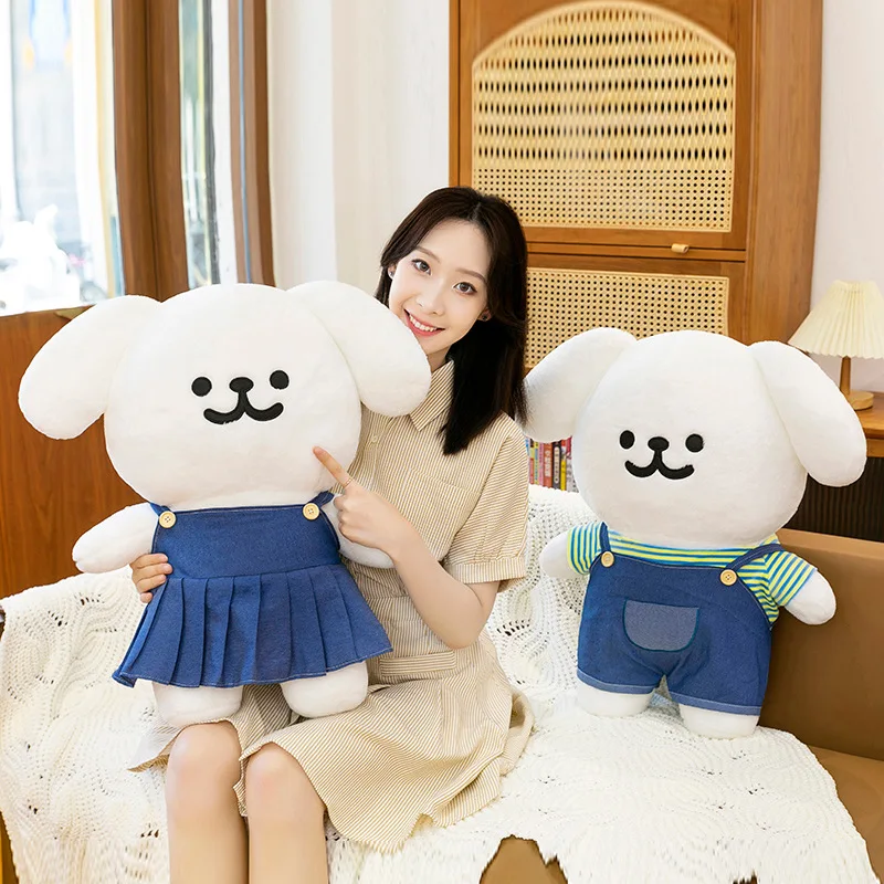 Kawaii Line Dog Plush Toy Cute Dressed White Puppy with Overalls Line Dog Stuffed Doll for Kids Birthday Xmas Gift Arcade Prize