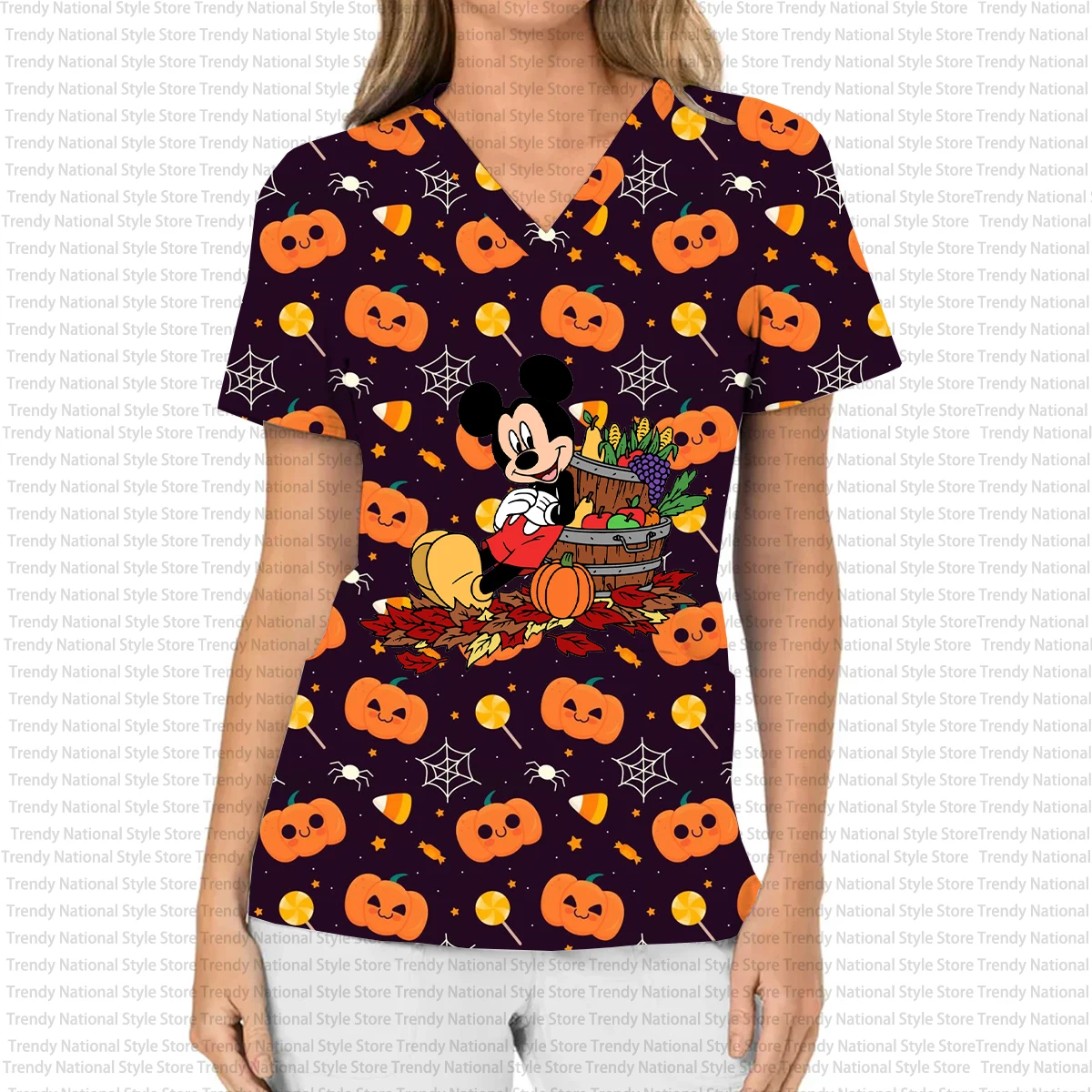 صيف جديد المرأة العمل موحدة هالوين مضحك ميكي ماوس طباعة موحدة الخامس الرقبة جيب فرك الأعلى مختبر المستشفى تي شيرت