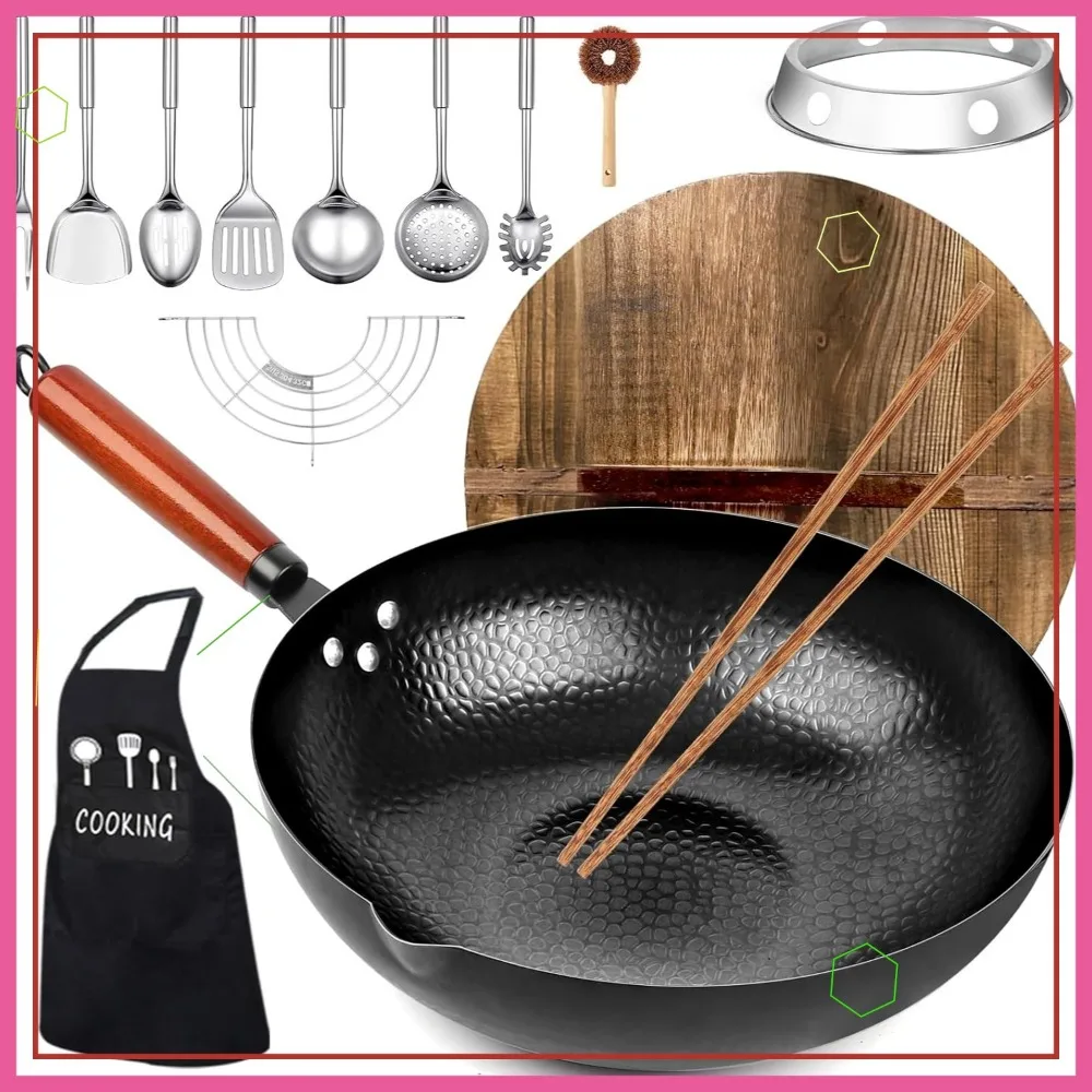 

14-Piece Carbon Steel Wok Set with Wooden Lid, Flat Bottom for All Stoves - 12.6 Inch