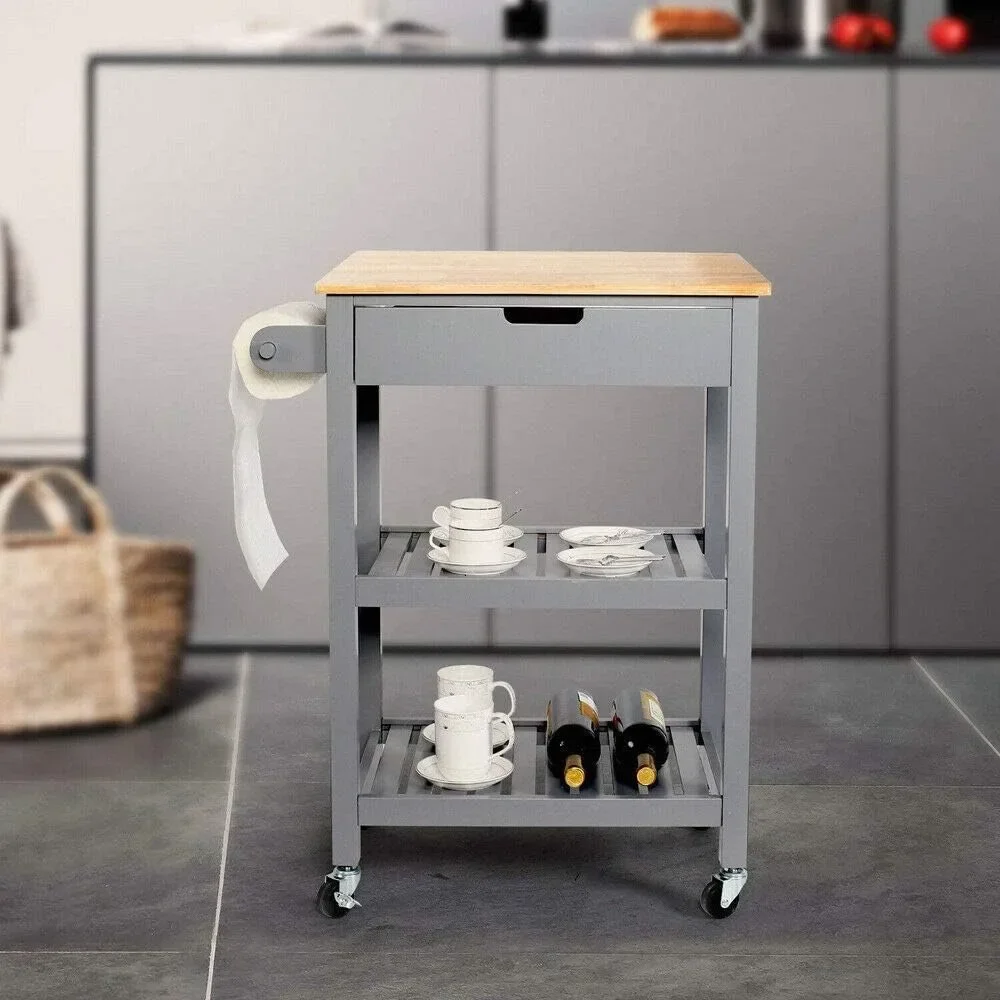 

Kitchen Island Trolley Cart Wood Top Storage Drawer Rolling w/Wine Rack Shelf Grey