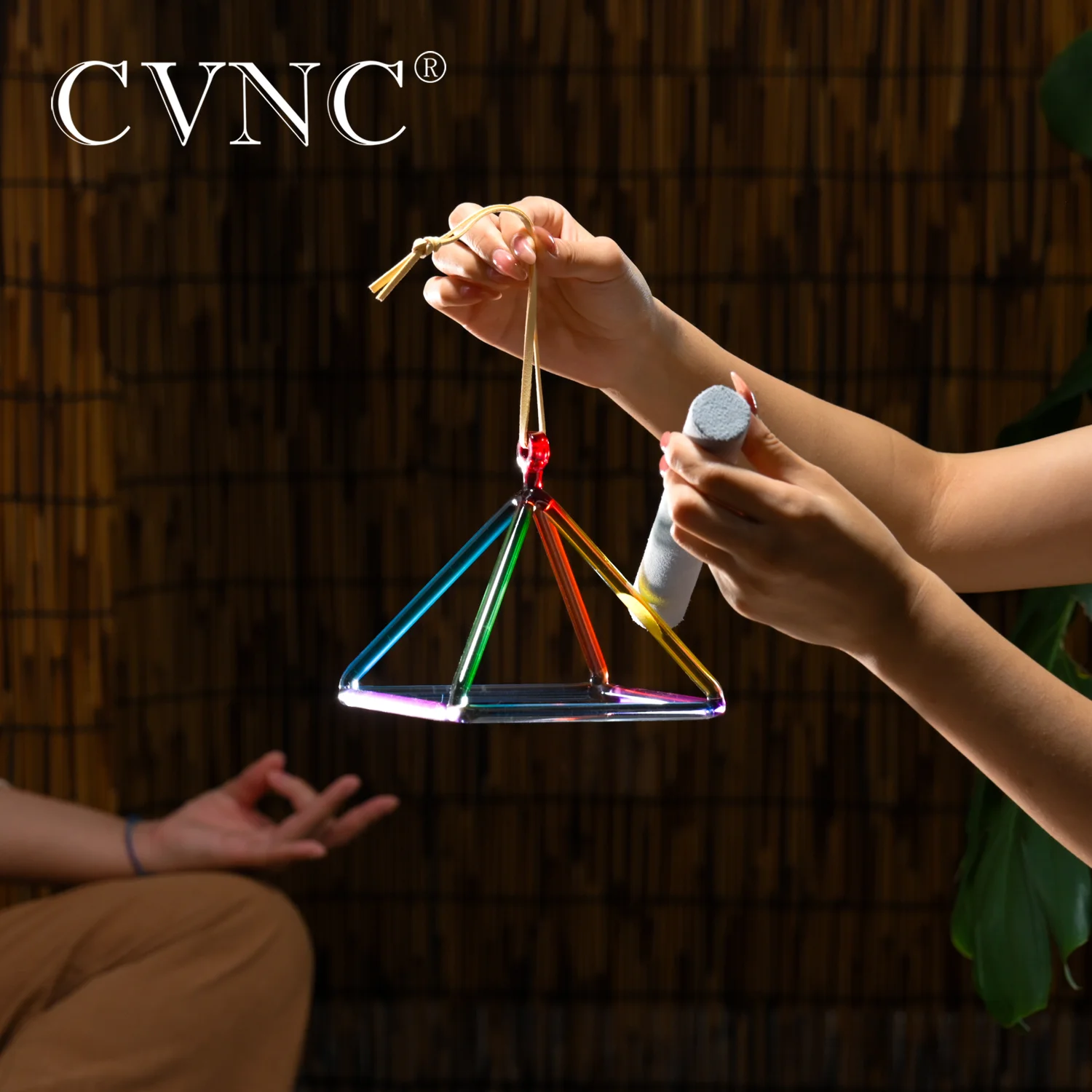 

CVNC 6 Inch Rainbow Colored Quartz Crystal Singing Pyramid for Sound Healing instrument with Mallet