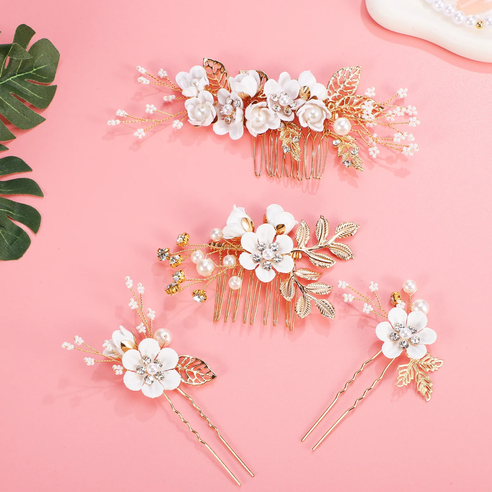 

1 комплект, боковые гребни для волос с жемчужным цветком, U-образные заколки для волос со стразами, свадебные аксессуары для волос невесты для особых случаев