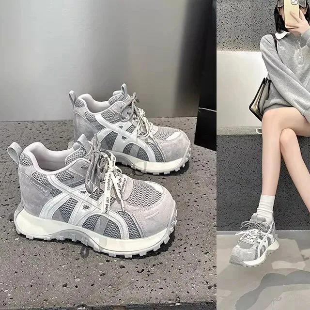 

Women's 7cm Hidden Heel Real Leather Invisible Dad Shoes Sporty Casual Fashion Breathable Mesh Upgraded Version Flat Support