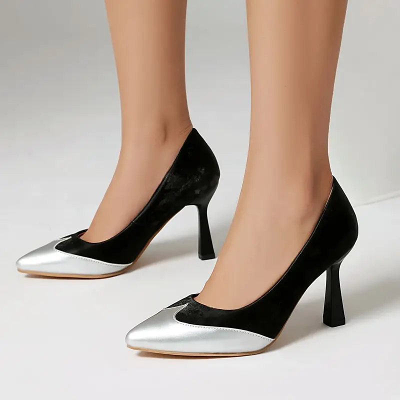 

SIMLOVEYO Women's Sexy Pumps Pointed Toe 8.5cm Strange High Heels Mixed Color Flock Suede Slip-On Party Style Big Sizes 50-52