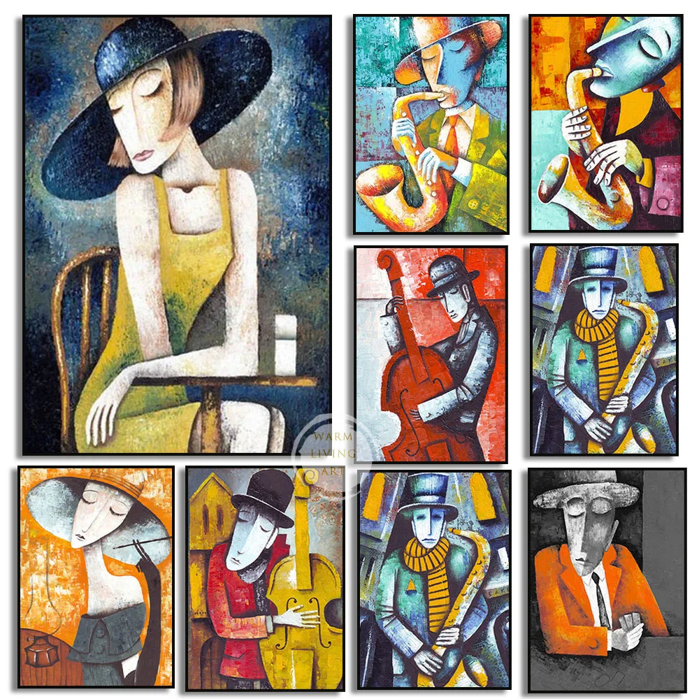 Abstract Picasso Man Playing Musical Instrument Poster Grace Woman Oil Painting on Canvas Nordic Jazz  Violin Prints Home Decor