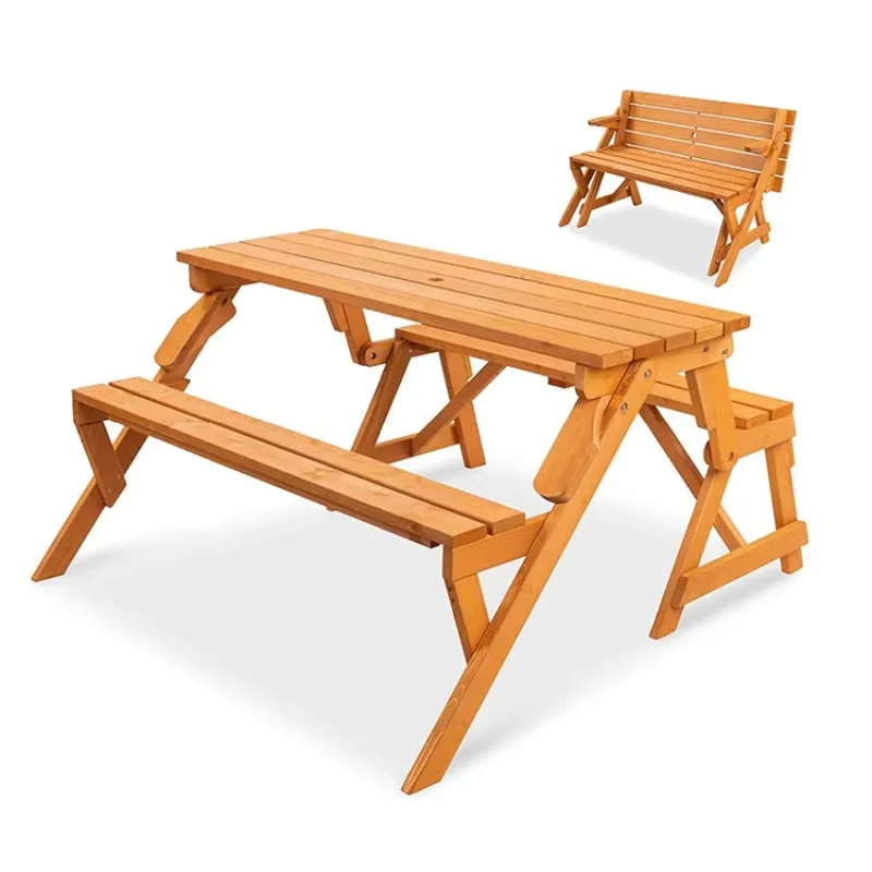 

Outdoor Portable Bench Table Foldable Wooden 2-in-1 Picnic Table and Chair with Umbrella