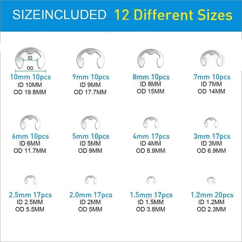327Pcs E-type Clips Washers Set 304 Stainless Steel Snap Ring Retaining C-clips Sealing Gasket Fasteners Kit Car Accessories