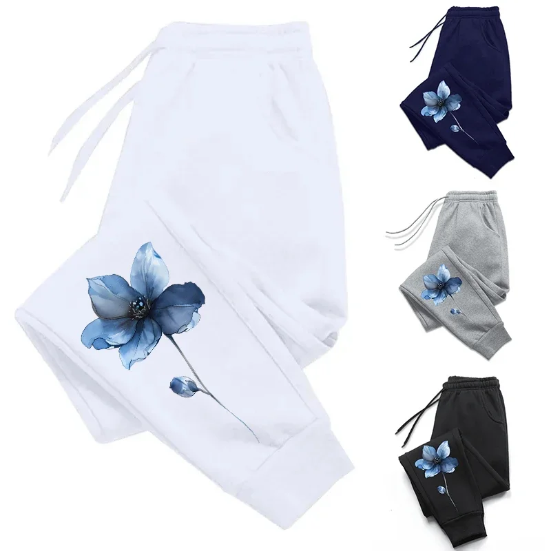 Damskie spodnie dresowe na jesień i zimę 2025 z kwiatowym nadrukiem, codzienne spodnie do fitnessu i sportu, popularne spodnie do biegania.