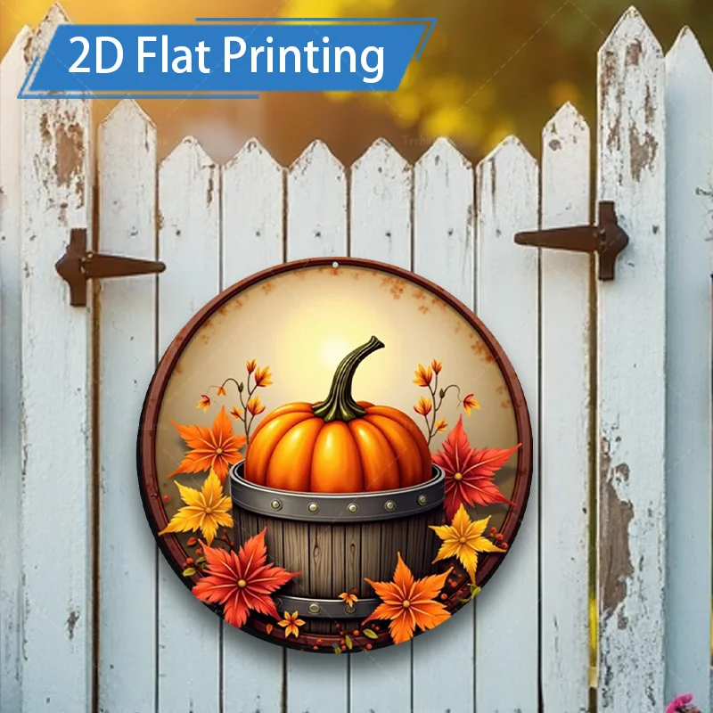 1pc 8x8inch Metal Sign Fall Pumpkin Barrel 2D Flat Metal Wall Art for Outdoor Garden Decor