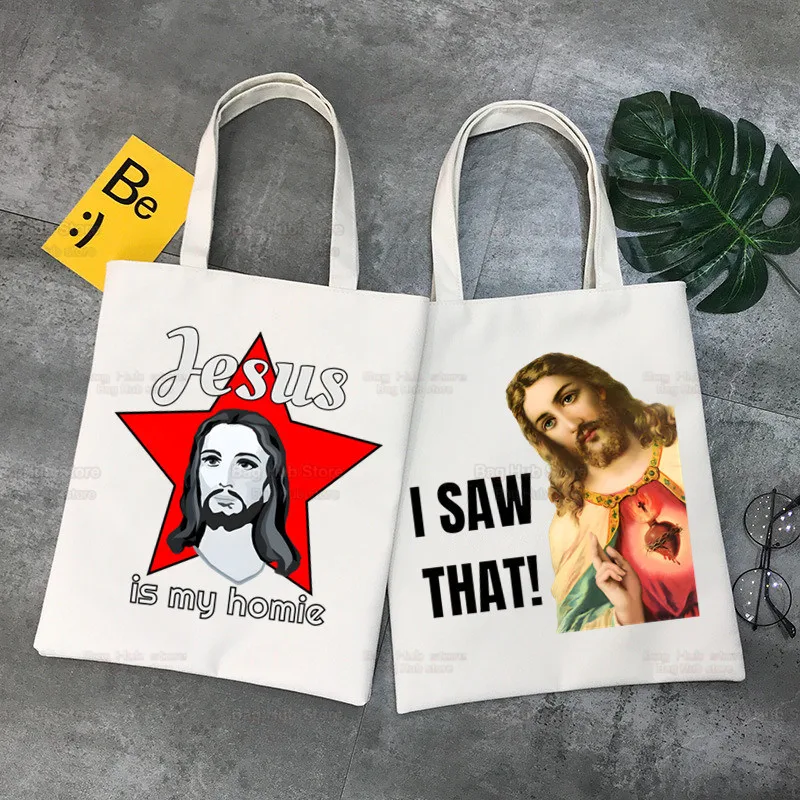 Jesus eu vi que shopper impresso kawaii saco harajuku bolsa de compras feminina lona shopper bolsa tote bolsa de ombro senhora