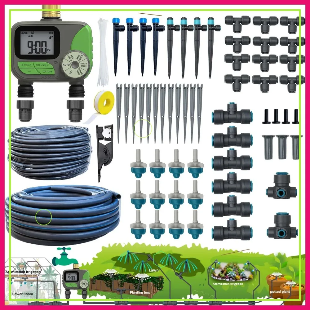 

Dual System Drip Irrigation Kit with Timer, Plug-in Quick Connect for Garden, Greenhouse, Lawn