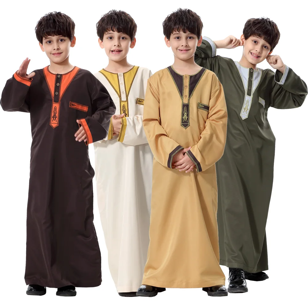 

Muslim Boys' Crew Neck Patchwork Thobe Arab Long Sleeves Male Robe