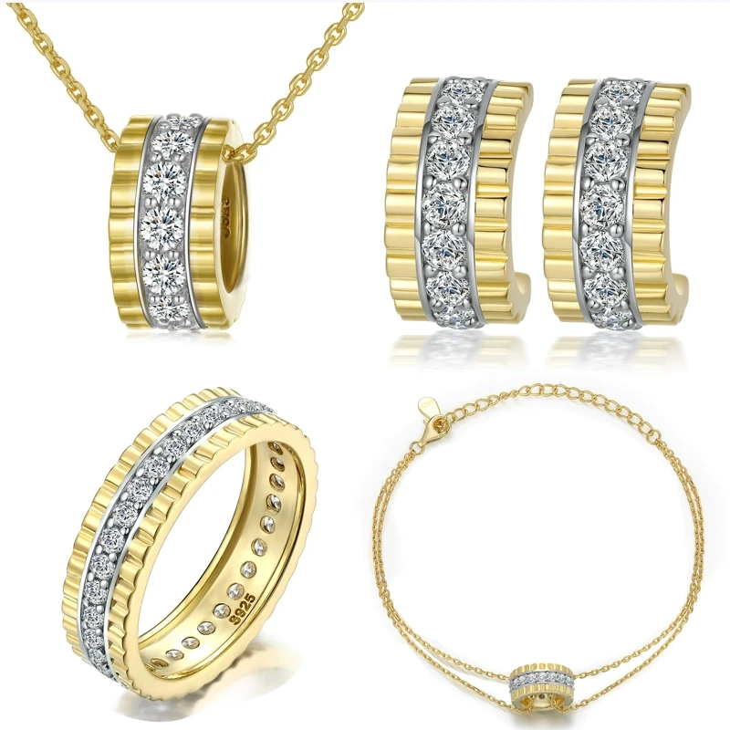 Juego de joyas de plata S925, juego de cuatro piezas, anillo con diseño de cielo estrellado, anillo con filas de piedras, pulsera de plata de ley, pendientes de una marca reconocida, estilo europeo y asiático.