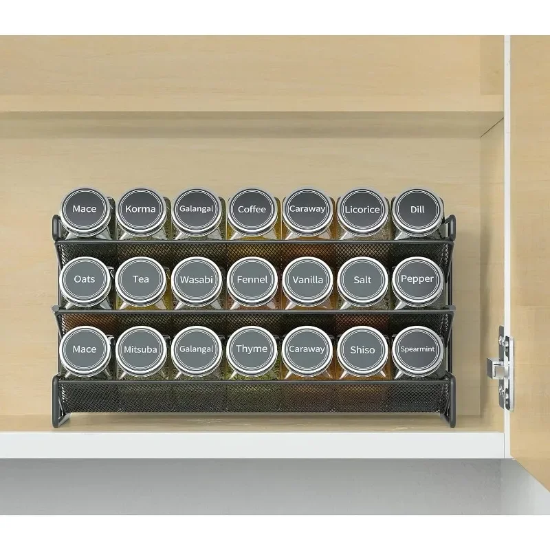 

Rack Organizer with Spice Jars, Spice Labels, Chalk Marker and Funnel Set for Cabinet, Cupboard or Door & Wall Mount