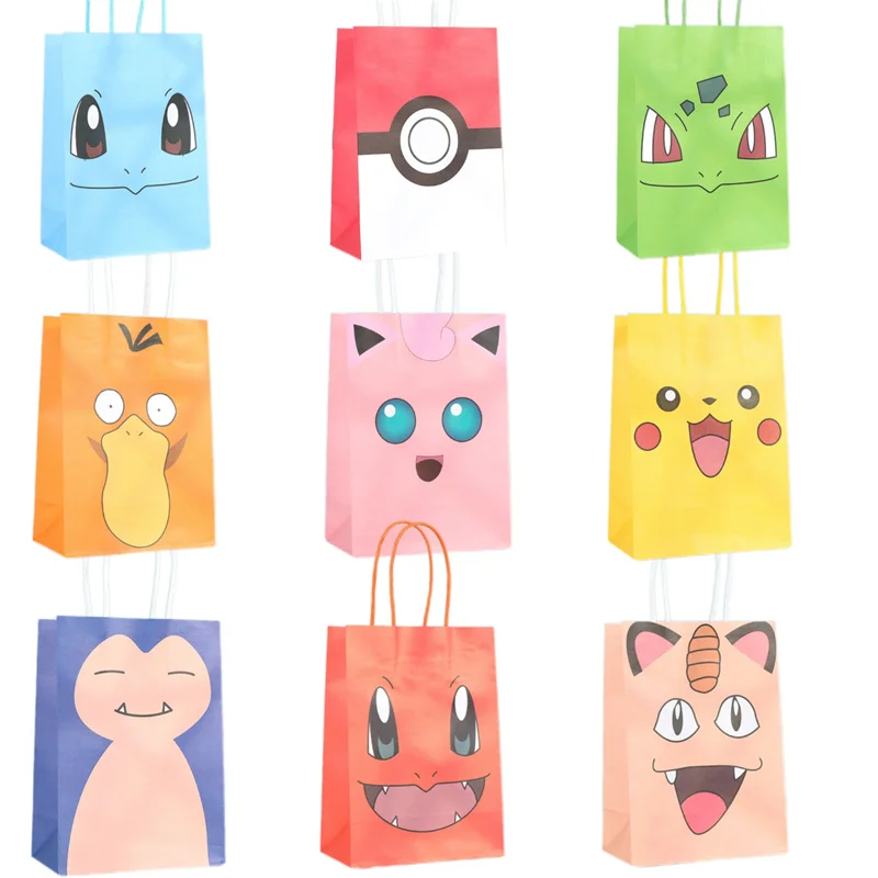 1/4/6/9/10pcs Pikachu Digimon Adventure 21x15x8cm Sacchetto di carta Kraft Anime Cartoon Stampa Forniture per feste per bambini Borsa regalo di caramelle