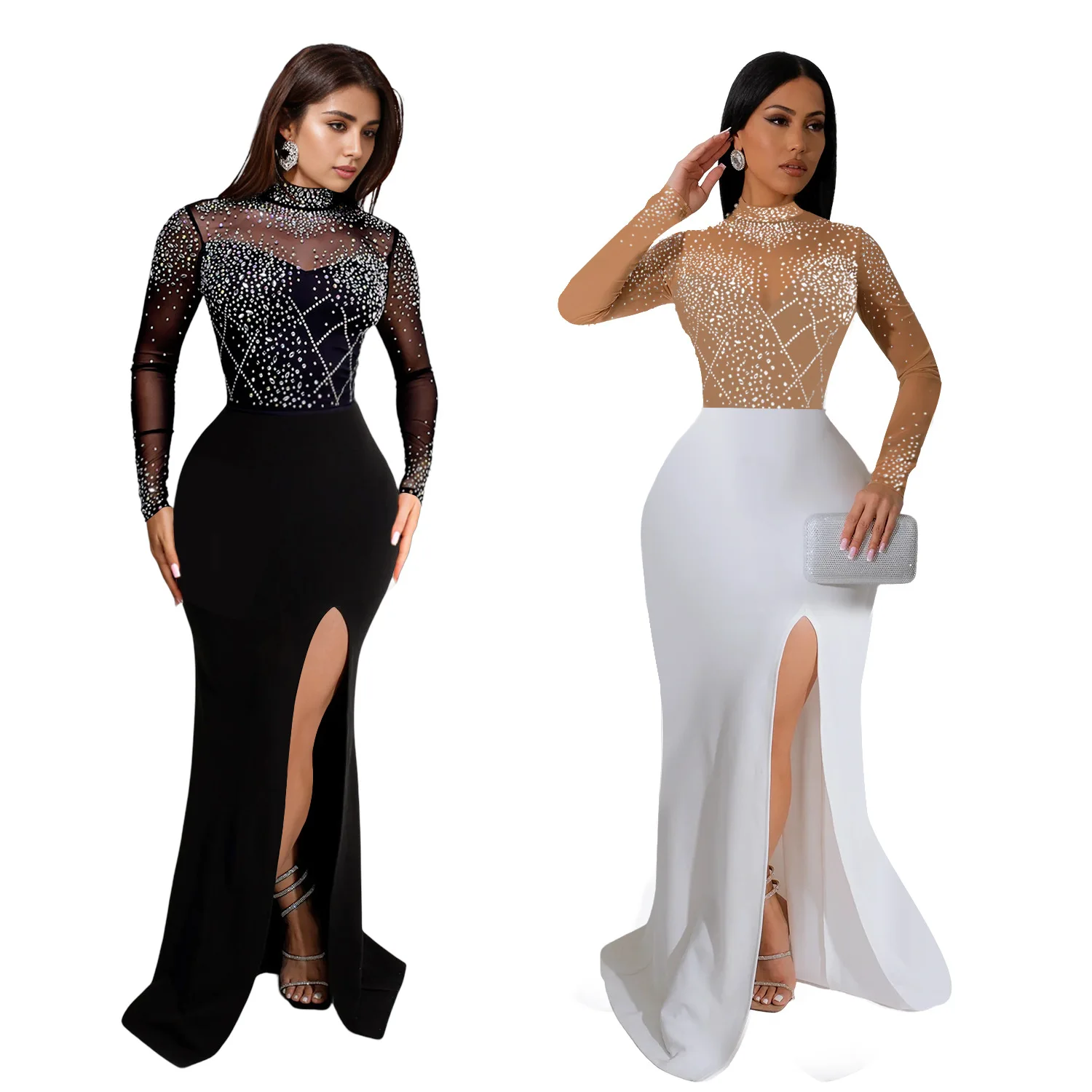 EINY y2k Mermaid Evening Luxury Dress Woman Elegant Wedding Party Mesh Patchwork See Through Long Sleeve High Split Prom Formal