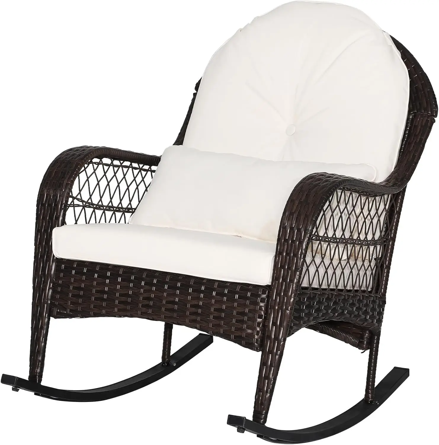 Outdoor Wicker cadeira de balanço, pátio Rattan Rocker com travesseiro lombar, assento acolchoado e almofadas traseiras, Metal Frame móveis
