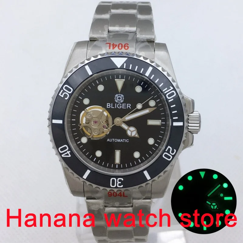 BLIGER 40mm NH38A Movement Automatic Diving Men's watch Black hollow dial sapphire glass Green glow