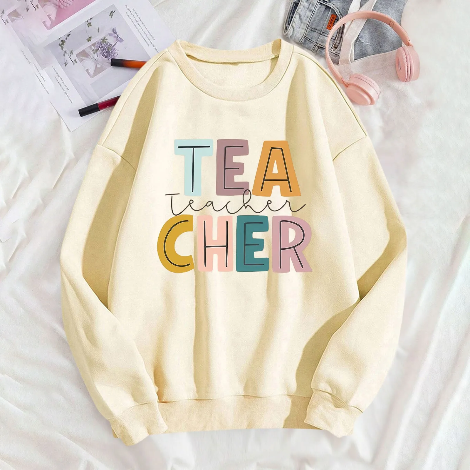 School Season Female Teachers Fashion Sweatshirt Letter-Printed Off Shoulder Round Neck Long Sleeve Hoodie Casual Pullover