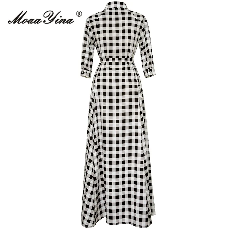 MoaaYina Spring Fashion Designer Vintage Plaid Print Dress Women's Lapel Button Frenulum Gathered Waist Slim A-LINE Long Dresses