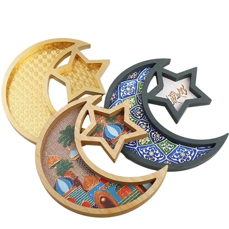 

Ramadan Decoration 2024 Wooden Eid Mubarak Sun Star Moon Tray Dinner Plate Islamic Muslim Party Supplies Eid Mubarak Decoration