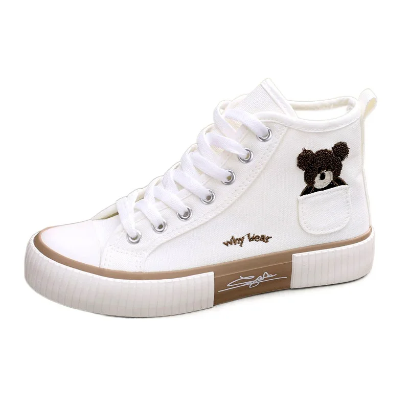 New High-top Canvas Women Vulcanized Shoes Flats Casual Cute Pocket Bear Shoe for Women Spring Autumn Lady Lace Up Sneakers