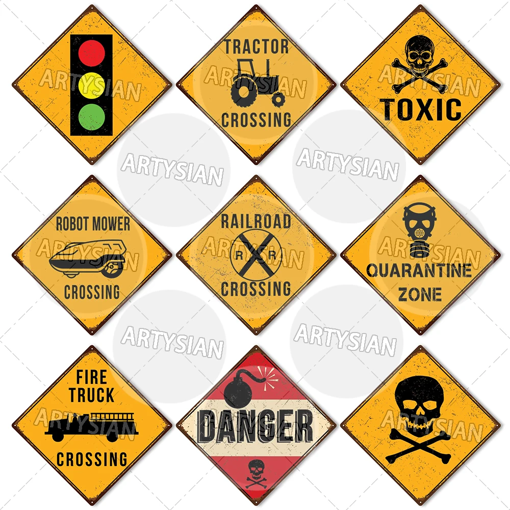 Smart Home Icon - คําเตือนการจราจรป้ายโลหะอันตรายรถดับเพลิง CROSSING แผ่น QUARANTINE ZONE รถไฟหุ่นยนต์เครื่องตัดหญ้ารถแทรกเตอร์ที่มีสารพิษสวมหน้ากากแก๊ส