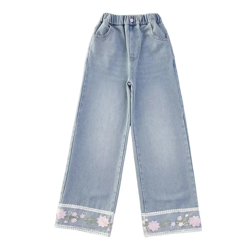 Sweet Style Girls Straight Cut Jeans with Lace Flower Kids Soft Trousers Jeans Floral Spring Fall Denim Pants For Teenager Child