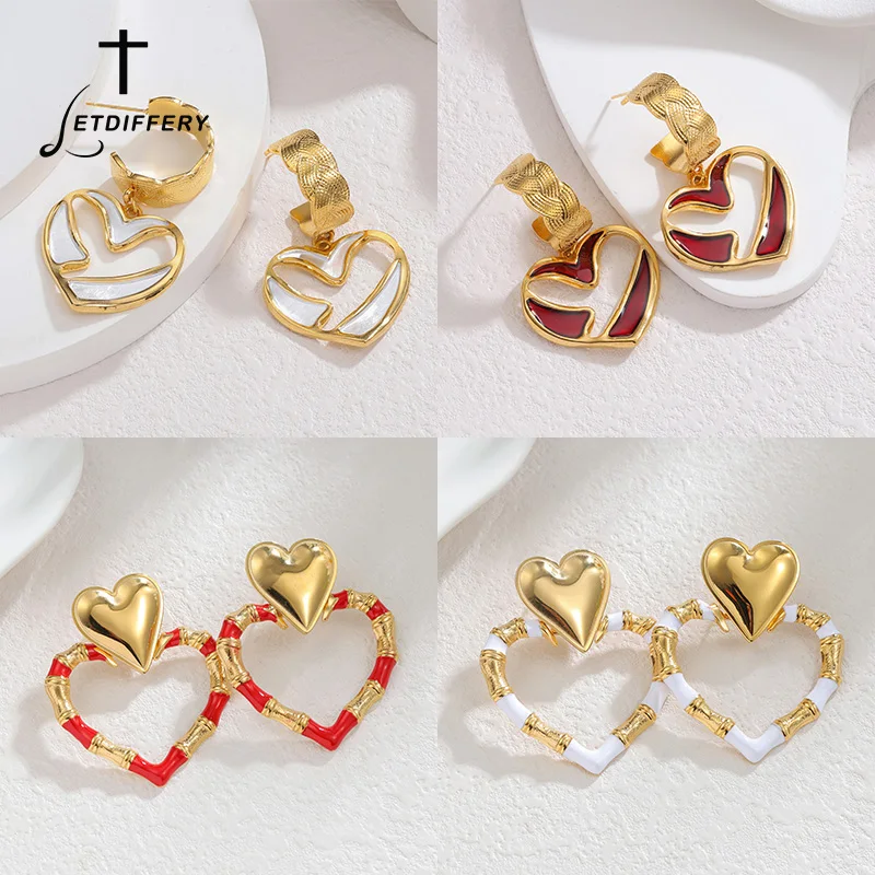 Letdiffery Fashion Colorful Oil Dropped Heart Earrings Stainless Steel White Red Color 18k Gold Color Studs for Women Jewelry