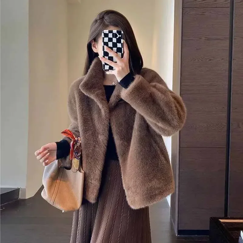 Smvp Autumn Winter Warm Faux Fur Coats Women Korean Fashion Streetwear Short Plush Jacket Ladies Elegant Chic Thick Fur Outwear