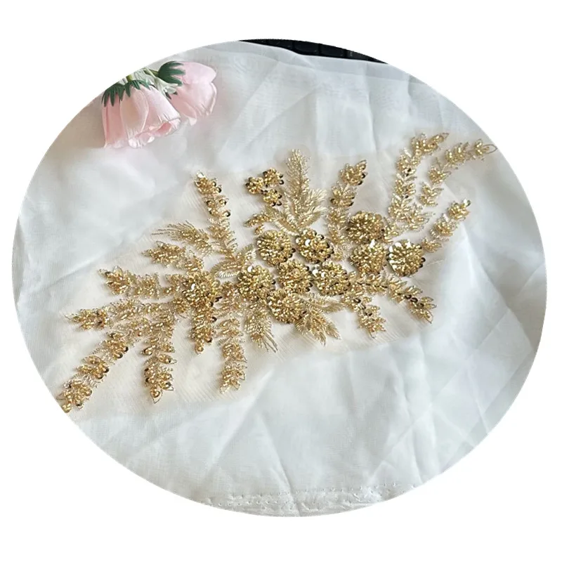 1Pcs Gold Flower Beaded Embroidery Patch Mesh Fabric African Lace Applique Sew Wedding Dress Clothes Decoration Diy