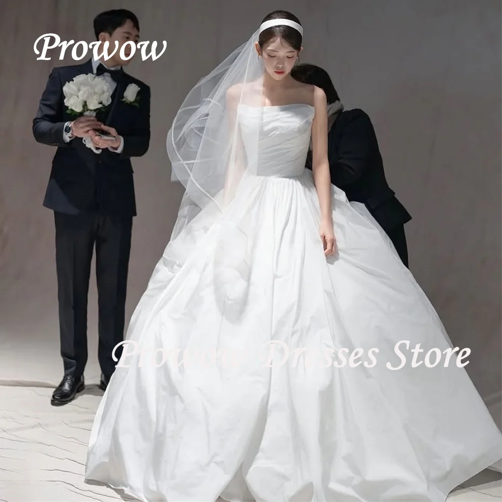 

Prowow Vintage Strapless A Line Wedding Dress Korea Photo Shoot Sleeveless Taffeta Bridal Gown Floor Length Corset Customized