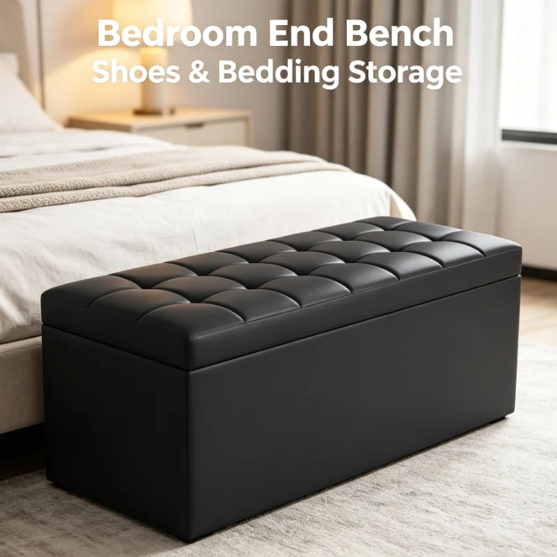 Leather Storage Ottoman Bench Tufted Seat Footrest Shoe Organizer For Living Room Bedroom Entryway Folding Chest Box Furniture