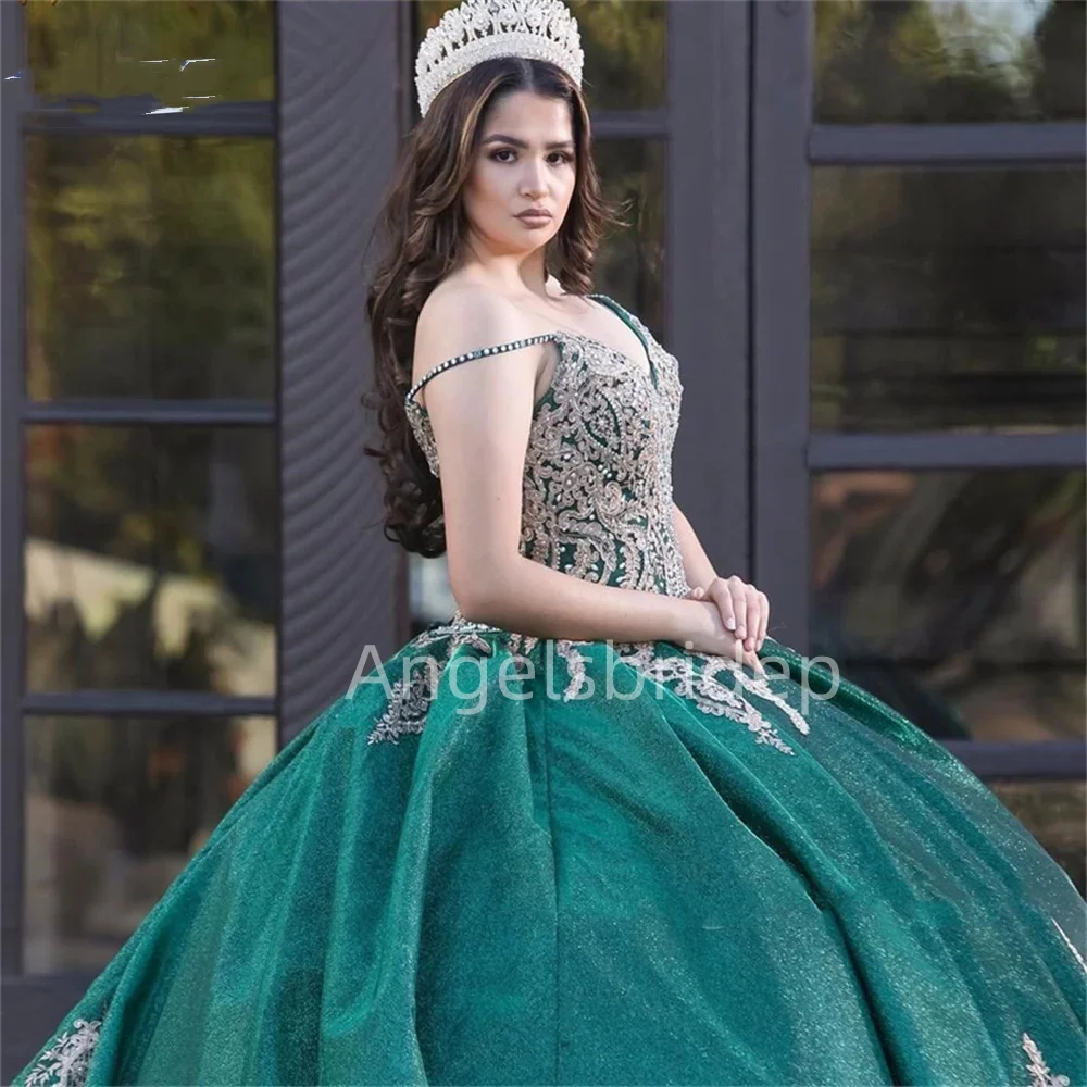 Angelsbride-vestido De fiesta De tul brillante sin tirantes, quinnceañera con capa De apliques, color verde esmeralda