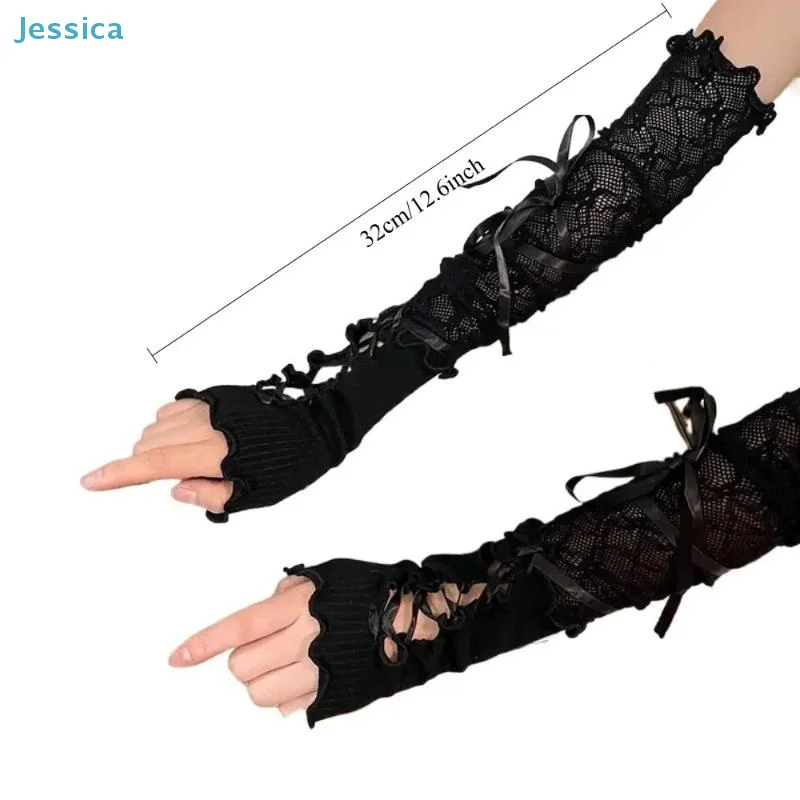 ♥Black Lace Arm Warmers with Lace-Up Detail - Gothic Lolita Fingerless Gloves for Cosplay, Party & Fashion Accessory
