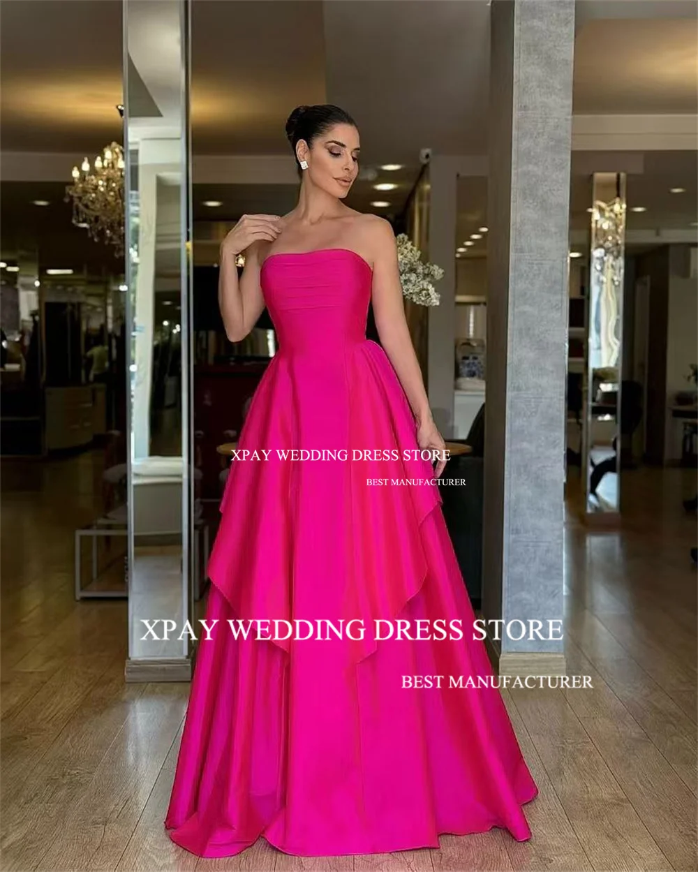 Xpay sem alças rosa vermelho uma linha vestidos de baile sem mangas babados dubai árabe saudita personalizado formal vestidos de noite vestido de festa