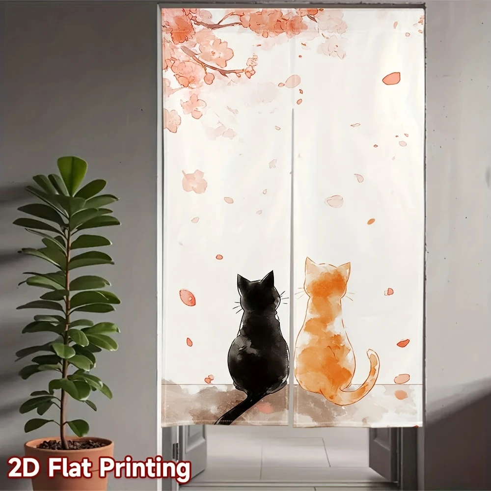 VIKAMA Oriental Cherry Blossom Cat Room Divider Curtain Japanese Style Half Door Curtain, Noren Curtain for Kitchen Bedroom