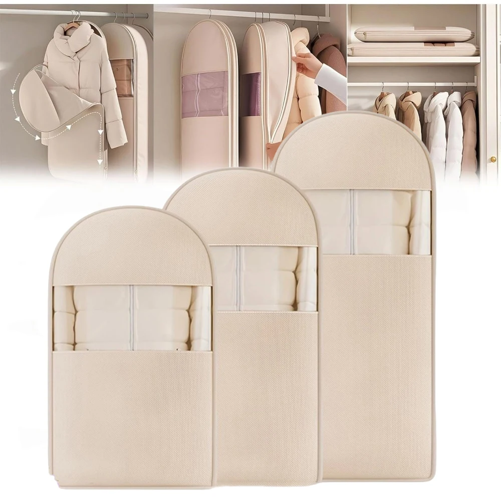 حقيبة ملابس معلقة لتوفير المساحة مع غطاء غبار بسحاب ذاتي الضغط، حقيبة معطف سفلية، منظم ملابس السفر لتخزين الخزانة