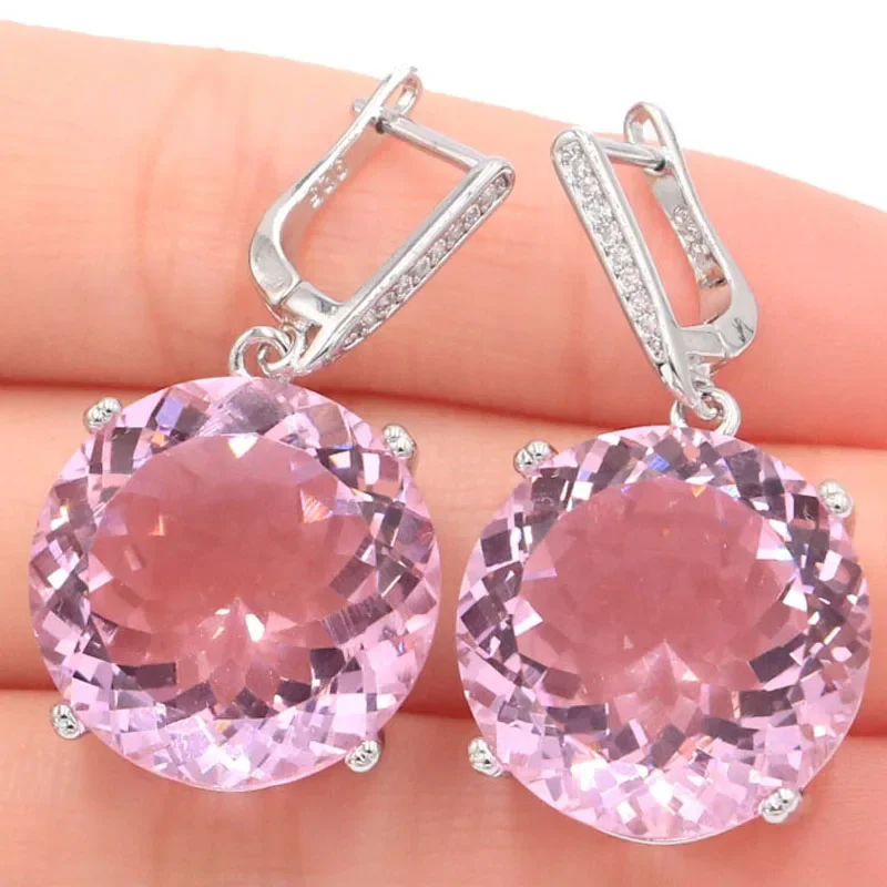 Buy 4 Get 1 Free 35x20mm Big Round 20mm Jewelry Set Pink Kunzite CZ Woman's Dating Silver Earrings Pendant